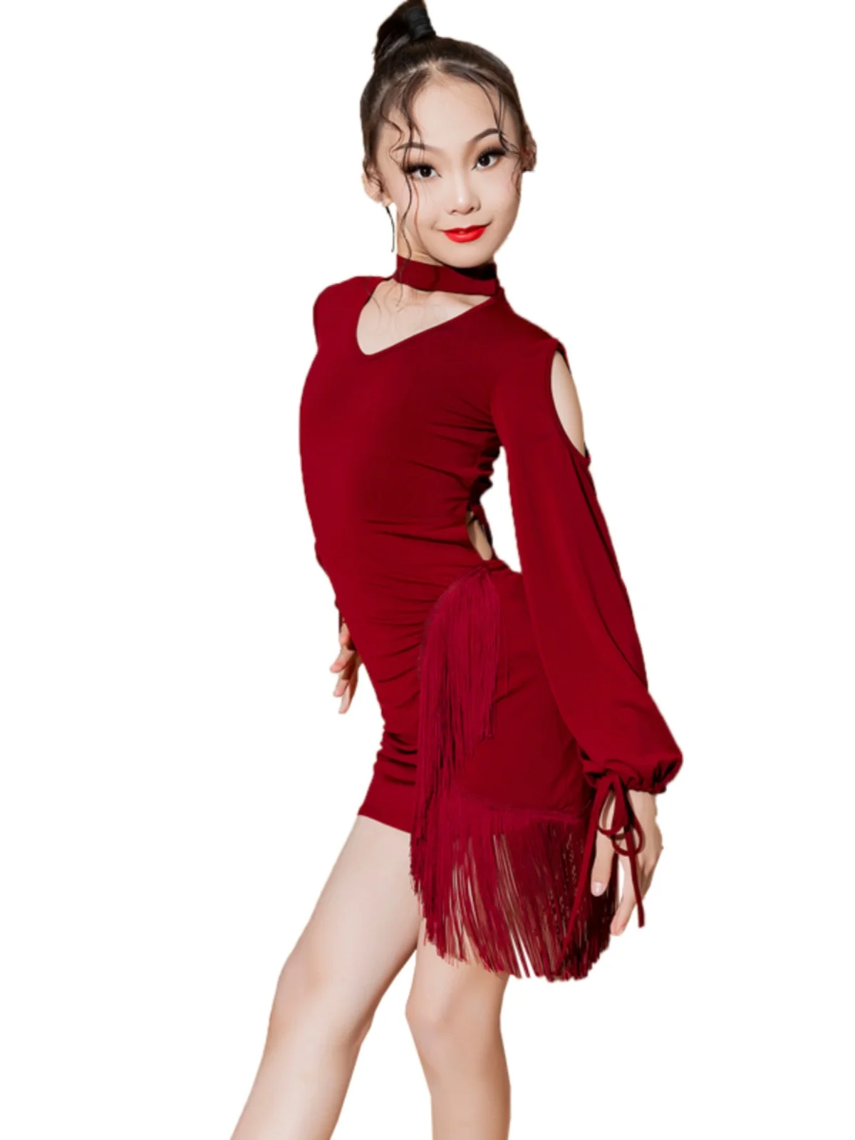 

Children's Latin dance dress tassel girl's long sleeve red professional advanced exercise competition table performance dress