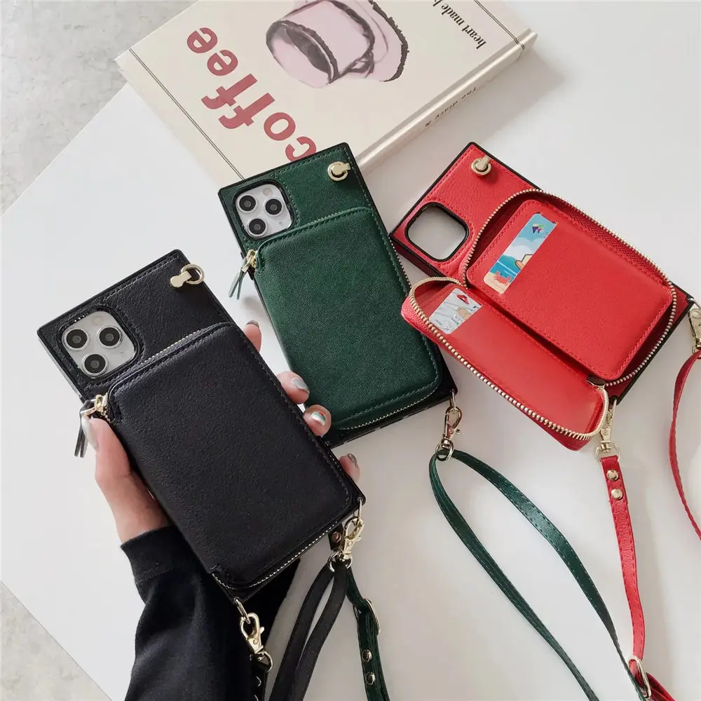 Elegant Zipper Wallet Crossbody Leather Case with Long Lanyard