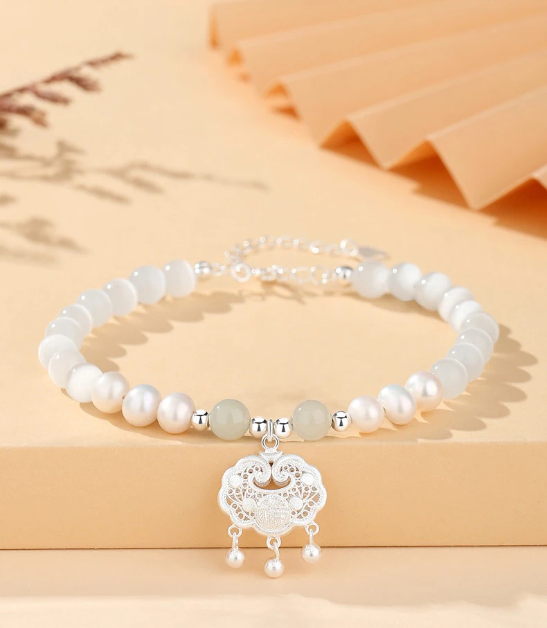 Katzenauge-Stein und Süßwasserperle, reine 925-Nadel, Peace-Lock-Armband für Frauen, hochwertiges, handgefertigtes Perlenarmband für Damen – Detail 1