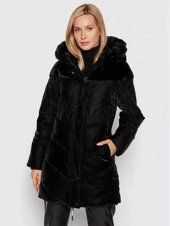 

Foreign Trade Original Order Spain New Women's Cotton Coat Black Panel Dark Flower Hooded Long Winter Warm Cotton Coat