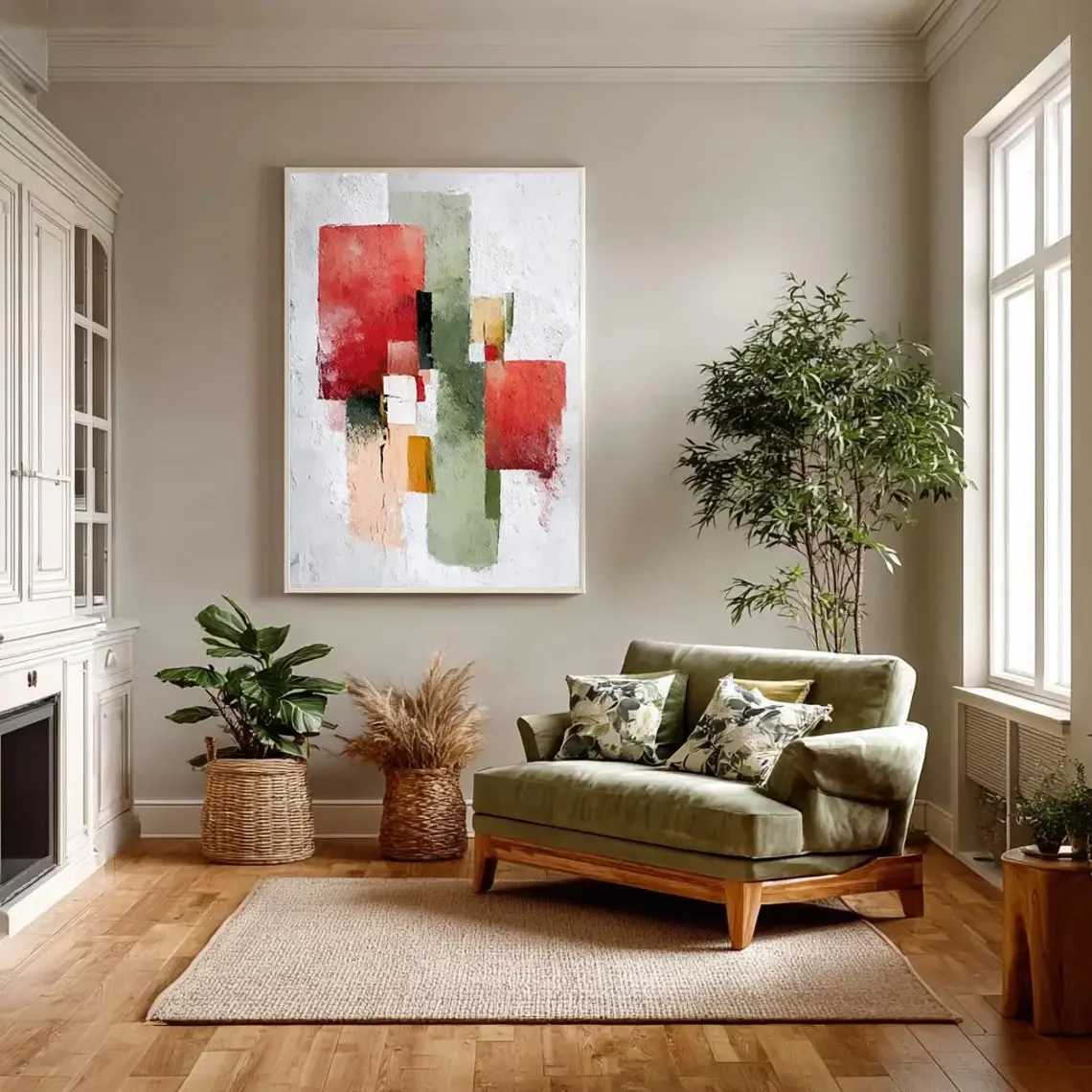 Vibrant Hand-Painted Abstract Canvas Art - Textured Red & Green Geometric Design