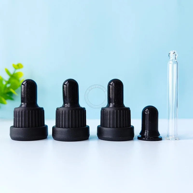 

25pcs 18MM/410 Plastic Black/White Anti-theft Dropper Lid With Glass Pipette For 5/10/15/20/30/50/100 ML Essential Oil Bottles