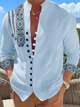 Nuova camicia di lino da uomo con motivo di tendenza alla moda, vestibilità slim, comoda e morbida, nuovissima top retrò 1