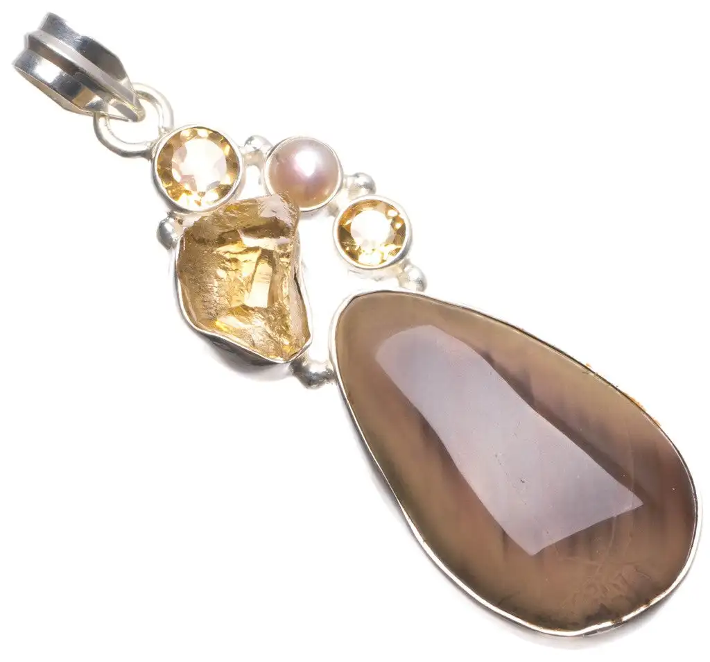 

StarGems Imperial Jasper,Citrine and River Pearl Boho 925 Sterling Silver Pendant 2.5" U0839