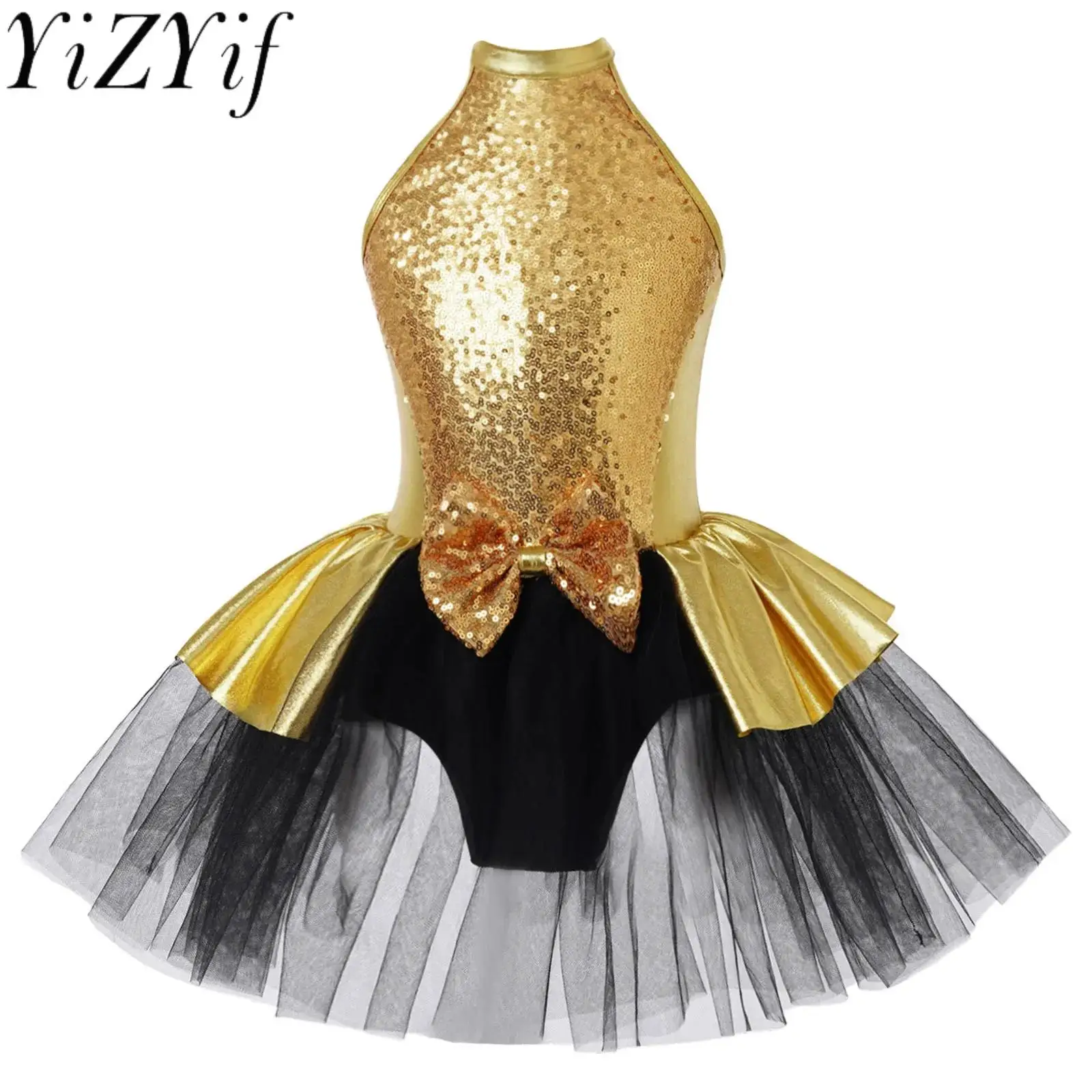 Kids Girls Sparkly Paillettes Halter Cutout Back Ballet Dance Tutu Dress Body Ballerina Competition Stage Performance Costume