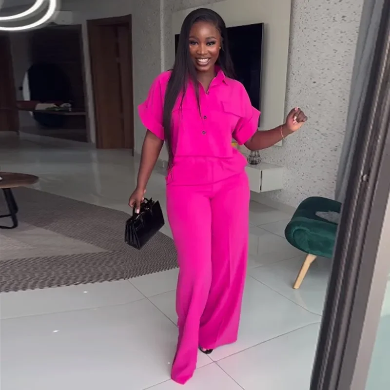 Summer Fashion Shirt Two Piece Set Women Casual Pocket Shirt Wide Leg Pants Two Piece Set Women