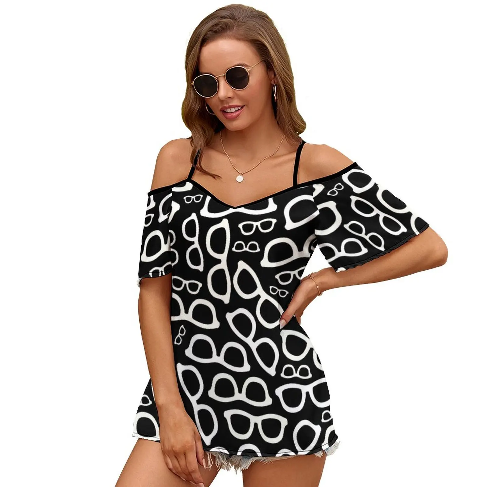 Smart Glasses Pattern (Bianco Su Nero) Sexy E Club Fashion T-Shirt Femminile Manica Corta Off Spalla Lady T Shirt Bianco