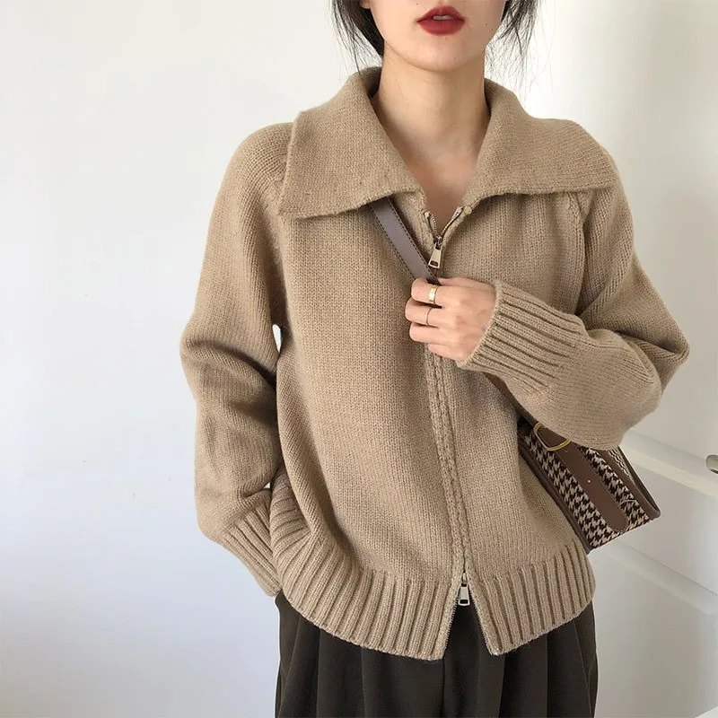 

DAYIFUN-Women's Double Zipper Lapel Knitted Cardigans Solid Sweater Jacket Loose Korean Casual Coats Lady Autumn Winter Knitwear