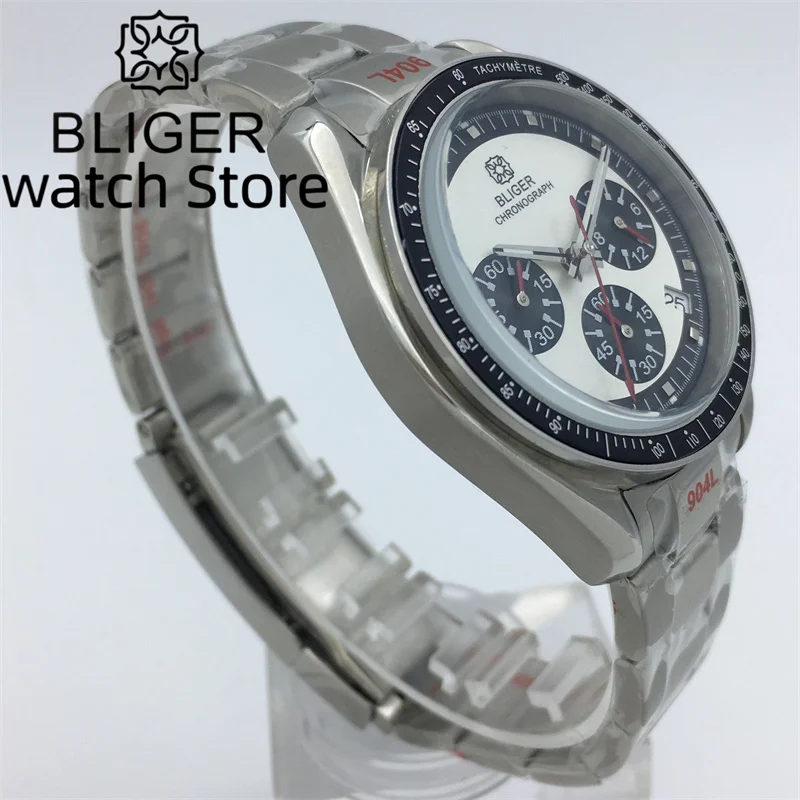 Bliger40mm quartz multifunctional men's watch Steel bracelet Sapphire Glass VK63 Movement green luminous dial