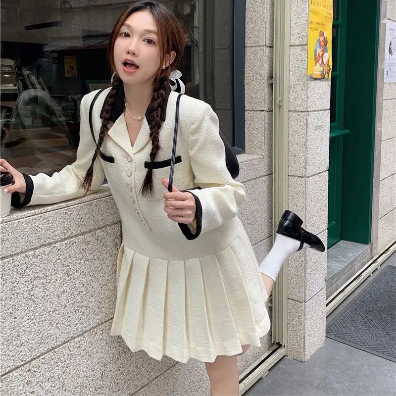 

Hsa Women Dress Fall Turn Down Collar Puff Sleeve Elegant Mini Seersucker Dress with Ruffles Pleated Formal Dress Party Robe