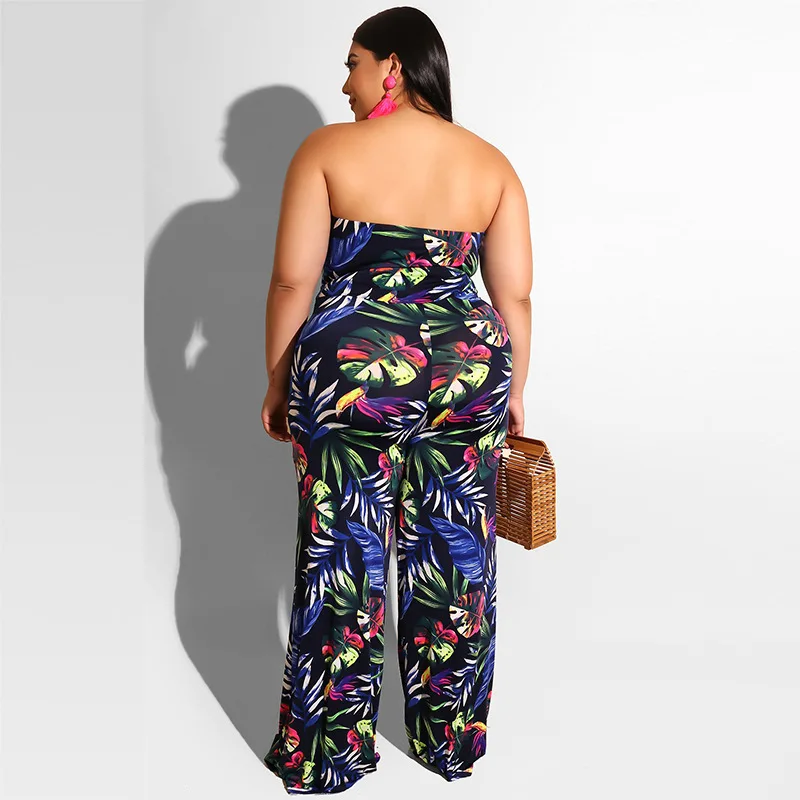 Plus Size Women 5xl Jumpsuits Floral Leaf Print One Piece Outfit 2022 Summer Casual Sleeveless Jumpsuit Wholesale Wide Leg Pants