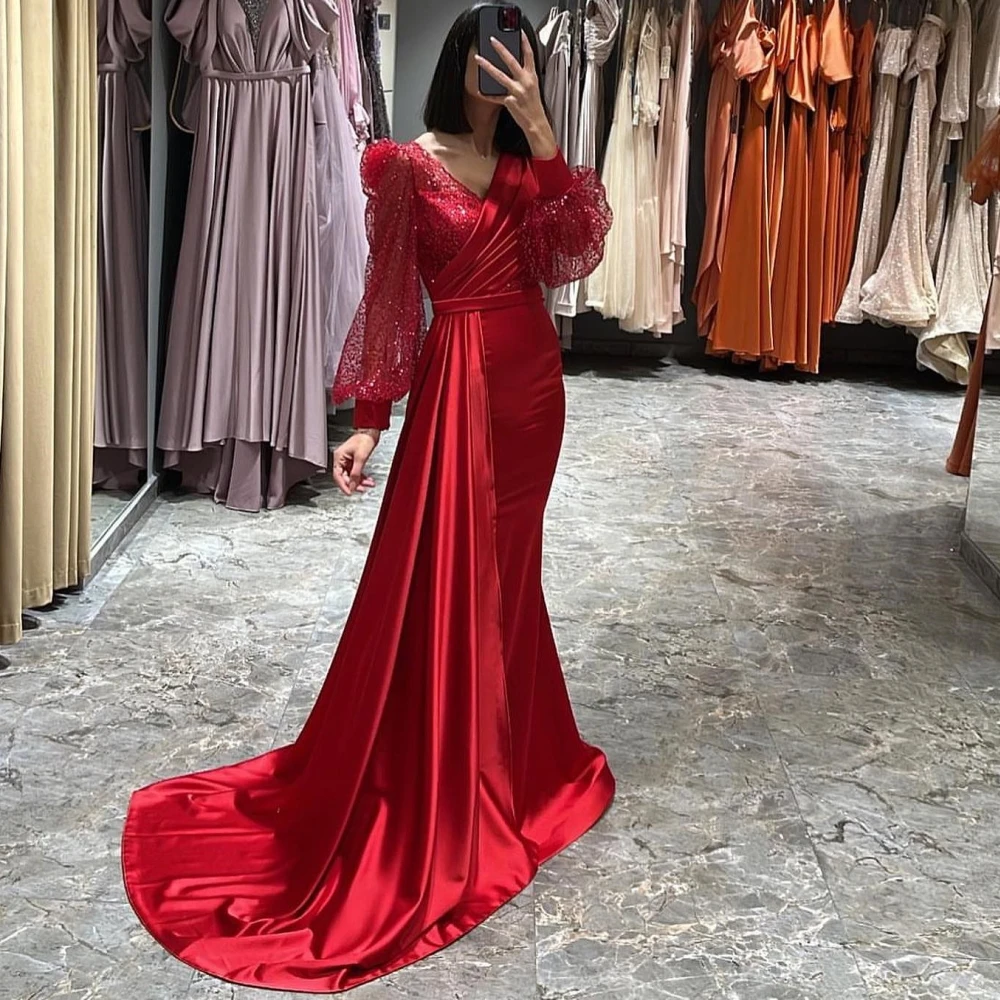 

Qcenkern V-Neck Sparkly Evening Formal Saudi Arabia Puffy Sleeves Satin Mermaid Party Dresses Gowns Women Robes de Soirée 2023