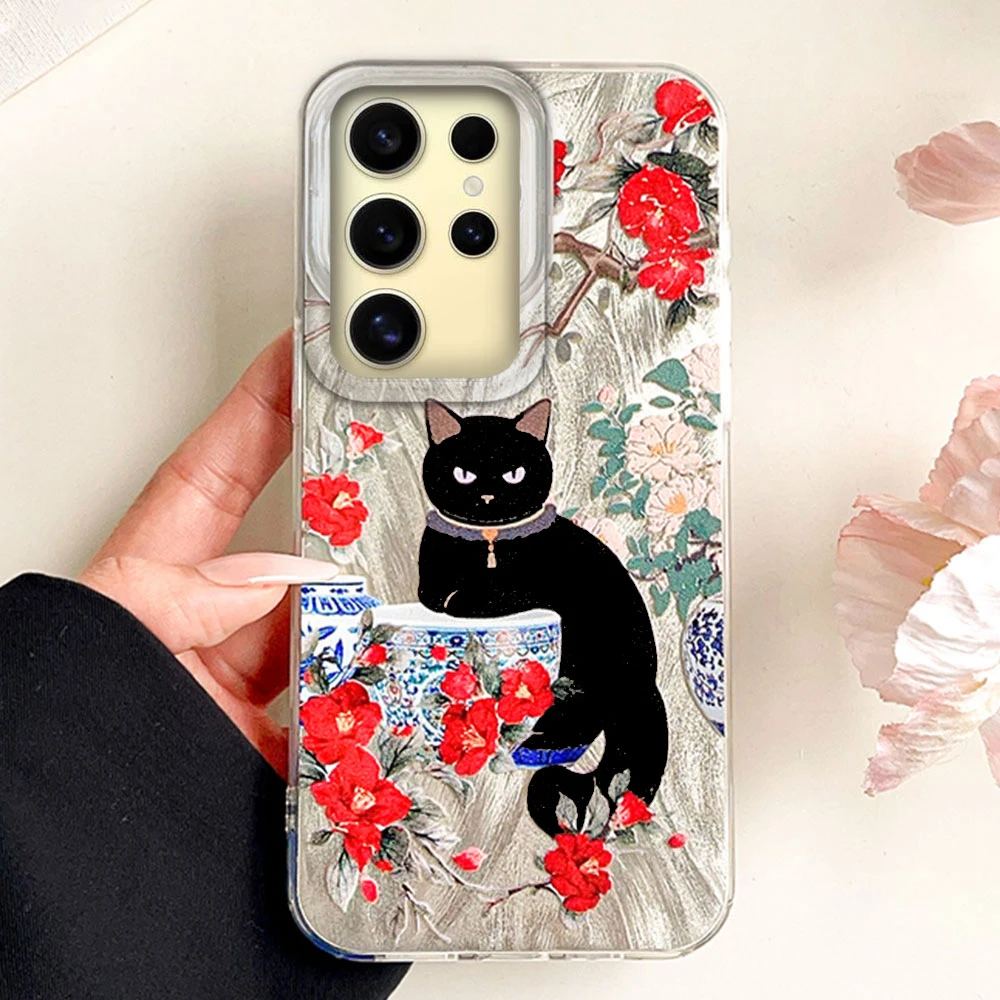 Elegant Black Cat Flower Design Silicone Phone Case - Luxury Protective Back Cover