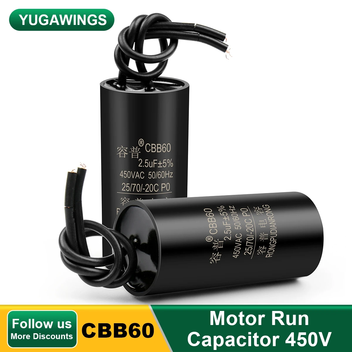 2pcs Cbb60 Motor Run Capacitor 450vac Starting Air Conditioner Capacitors Water Pump For Washing