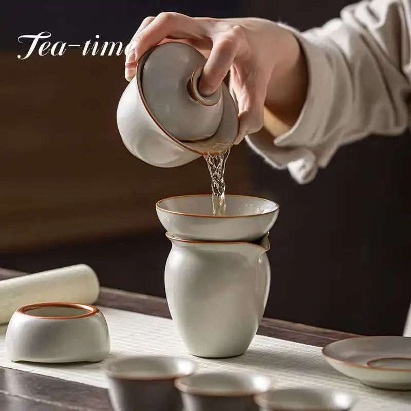Ru Kiln Tea Cup Kung Fu Chawan Oolong Gaiwan Cover Bowl Maker Chinese Original Puer Garglin Cups Porcelain Supplies Set Wan Gai