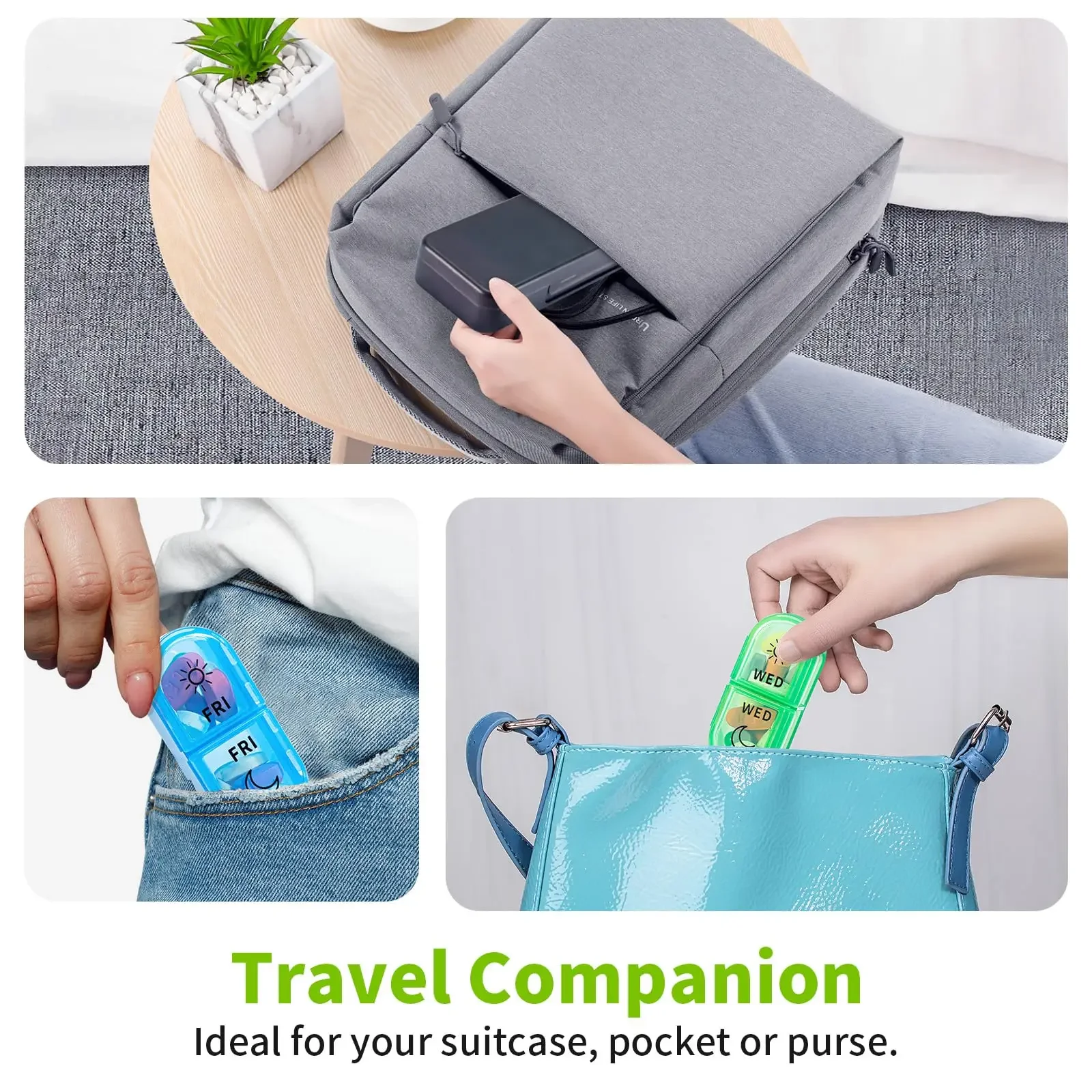 Weekly Pill Box in Rainbow Colors Portable Travel Case Medication Vitamins Supplements Large Compartments for Vitamins Medicine