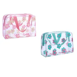 Clear Waterproof Floral Cosmetic Pouch - Portable Travel Toiletry & Makeup Organizer Bag (Pink and green)
