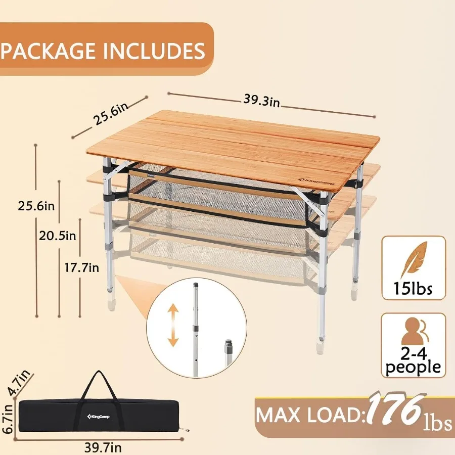 Lightweight Stable Bamboo Folding Camping Table Bamboo Outdoor Folding Tables Adjustable Height Portable Picnic