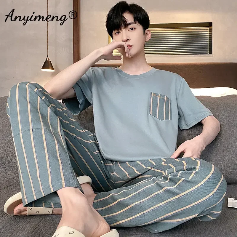 Pajama Sets Men Summer Knitted Cotton Pajamas Set Short Sleeve Plaid Pants Sleepwear Plus Size 4XL