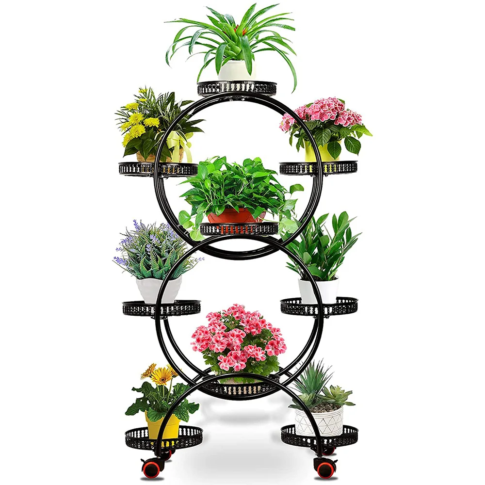 

6 Tier 9 Tray Black Metal Plant Stand Garden Flower Shelves Outdoor Indoor Wrought Iron Flower Pot with Wheel