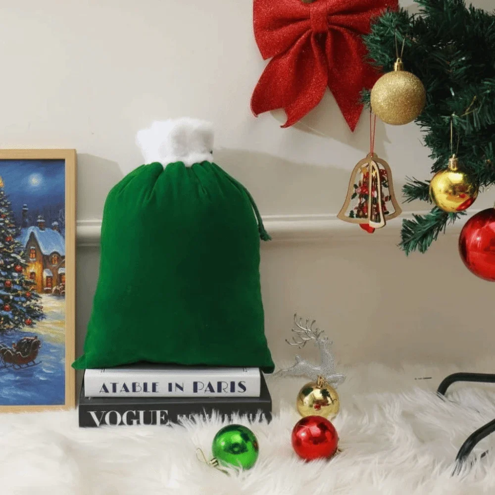 White Furry Trim Christmas Gift Bag Reusable Drawstring Holiday Bag