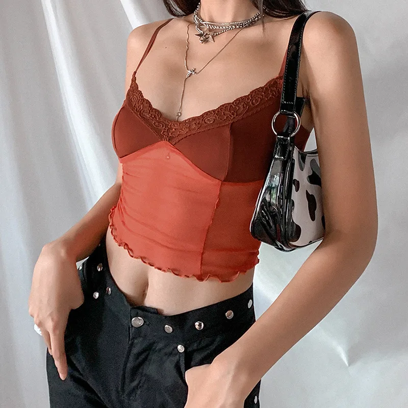 Meqeiss street Vintage Woman Lace Y2k Top Sexy See-Through Vest Sling Crop Tops Sleeveless Club 2021 Summer Mesh Tank Top Female nylon camisole