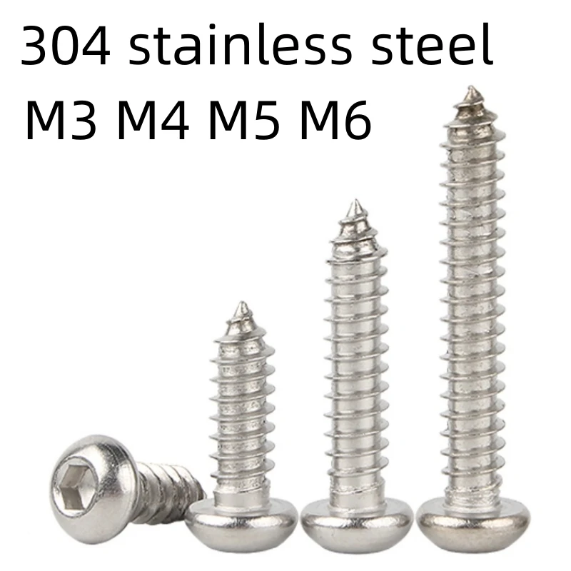 

5-30pcsM3 M4 M5 M6 304 A2 Stainless Steel Pan Head Internal Hexagonal Tapping Screw Round Head Internal Hexagonal Wood Screw