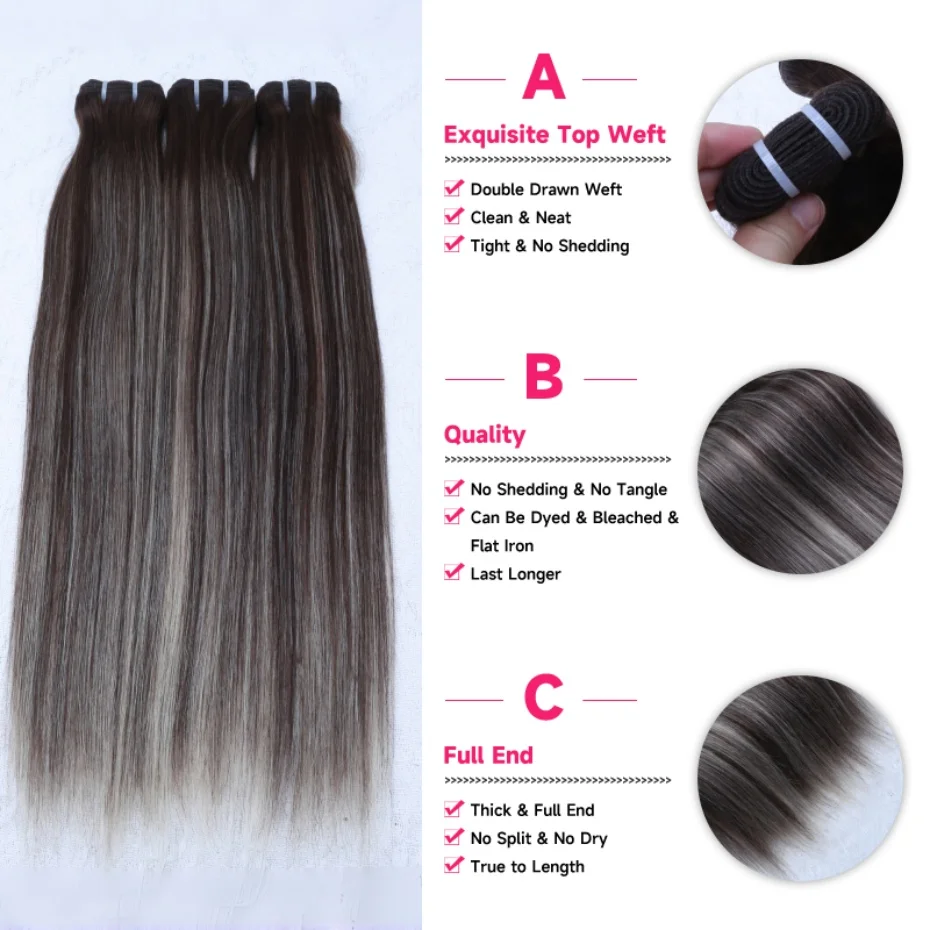 Ciocche di Capelli Umani Vietnamiti Marrone Scuro con Riflessi Grigio Argento, Trama Piano Weave, Offerta 1/2/3/4 Ciocche, Doppia Trama, Capelli Balayage - immagine 2