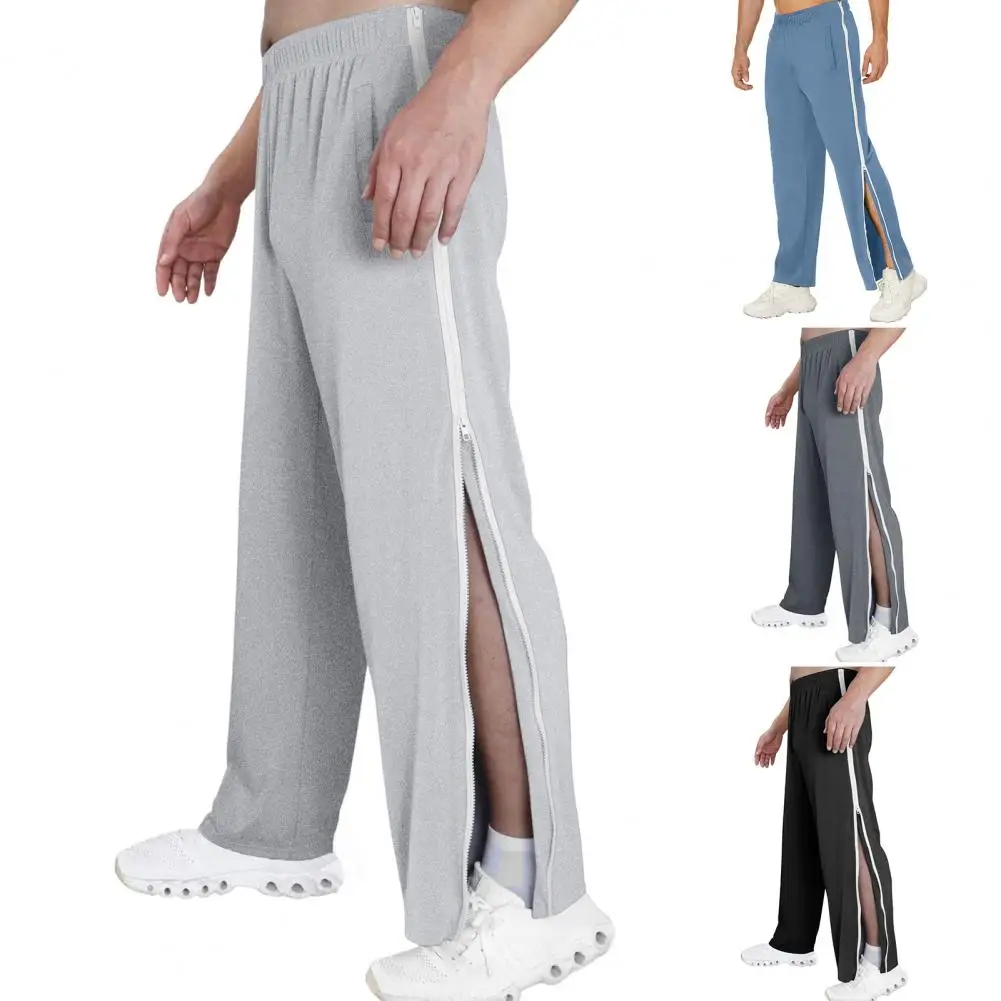 Description Picture 4 of itemMen Sweatpants Elastic Waistband Pockets Splicing Color Mid-Rise Long Trousers Wide Leg Side Zipper Tear Away Basketball Pants
