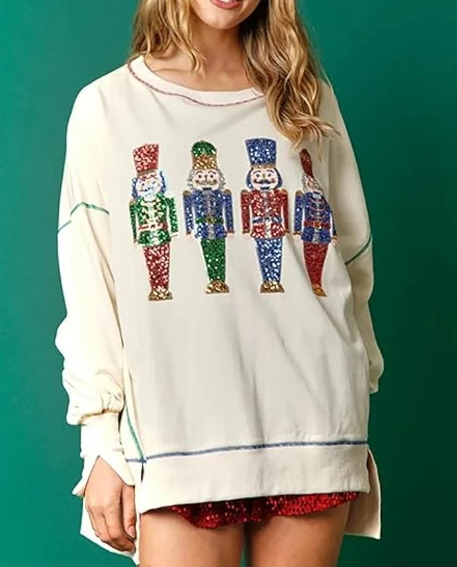 Women Sweatshirts Autumn Fashion Christmas Sequins Lantern Sleeve Casual Round Neck Long Sleeve Loose Daily Pullover Sweatshirts