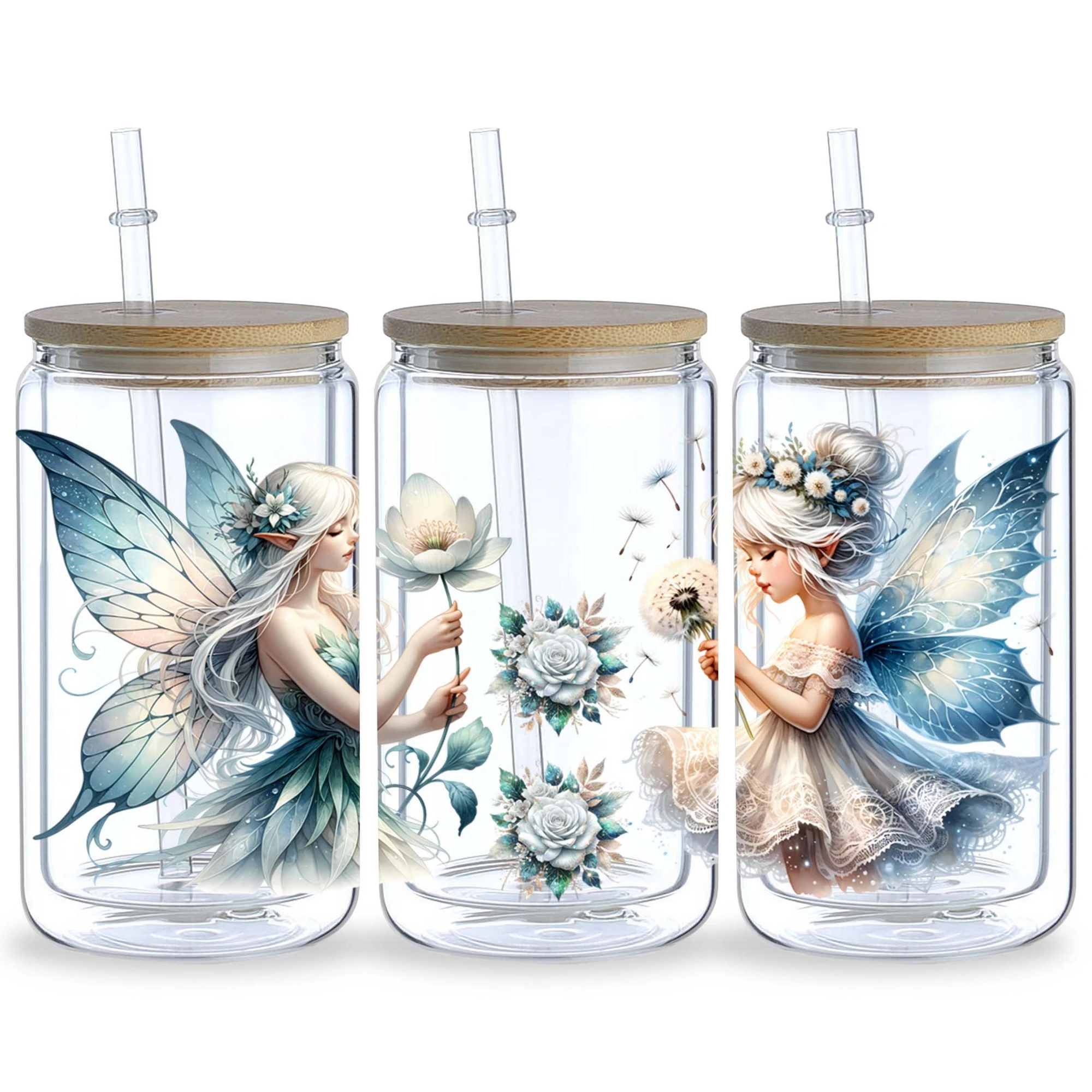 5sheets Flower Fairy UV DTF Cup Packaging for 16oz Glass Cup, Waterproof Beautiful Design Sticker Suitable for 16oz Glass Cup
