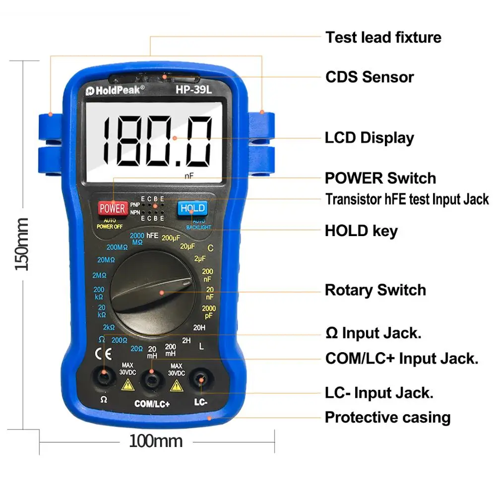 Holdpeak Hp-39L Retroilluminazione Lcd Digital Lcr Meter Resistenza Capacità Induttanza Tester Transistor Hfe Tester