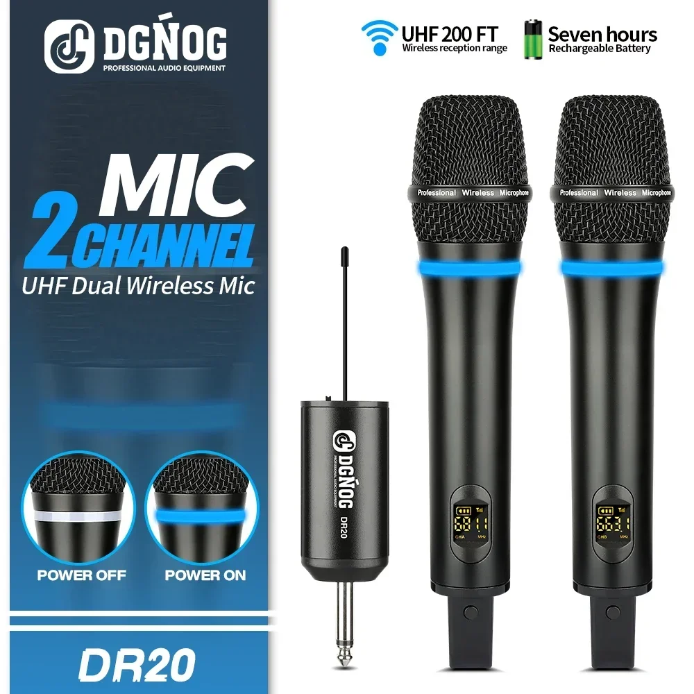 Doppio Microfono Wireless Dgnog Dr20 Microfono Karaoke Dinamico Portatile Uhf Professionale A 2 Canali Per Altoparlante Chiesa Canto Dj Party