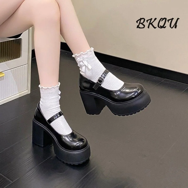 BKQU Brand 2024 Summer New Women's Mary Jane Shoes Lolita Retro Style Ultra High Heel 9cm Thick Heel Walking Safety