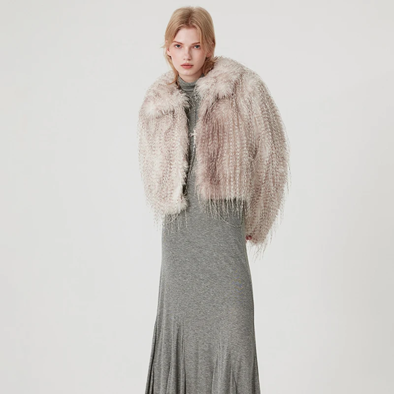 Exclusive Designer Winter Gradient Faux Peacock Fur Coat Women Furry Tassels Fur Jackets Chic Y3k Girls Outerwears