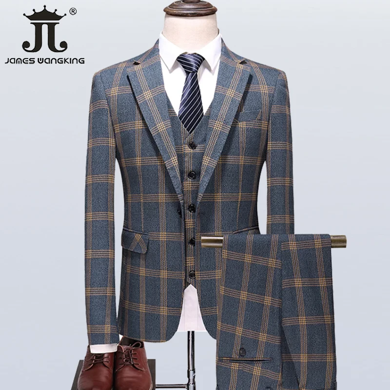 ( Blazer + Vest + Pants ) High-end Brand Gray Plaid Mens Formal Business Office Suit Three-piece Groom Wedding Dress Party Suit