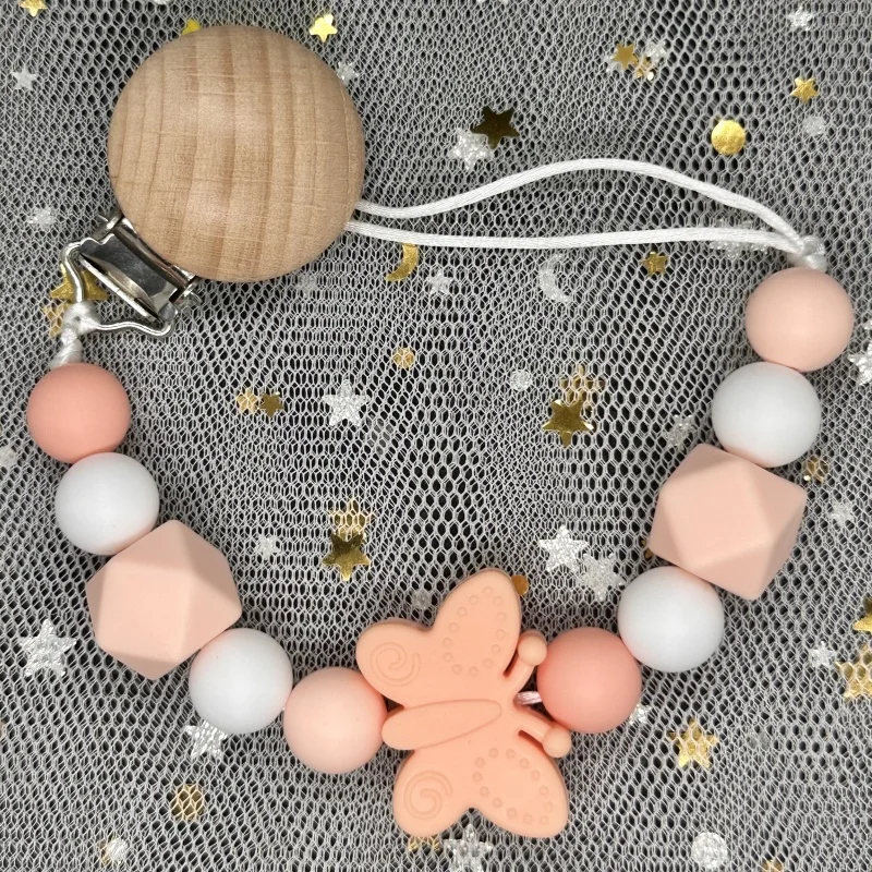 Baby Handmade Beech Dummy Pacifier Clips Silicone Beads Butterfly Chain Pacifier Chains for Baby Teething Toys Newborn Chew Gift