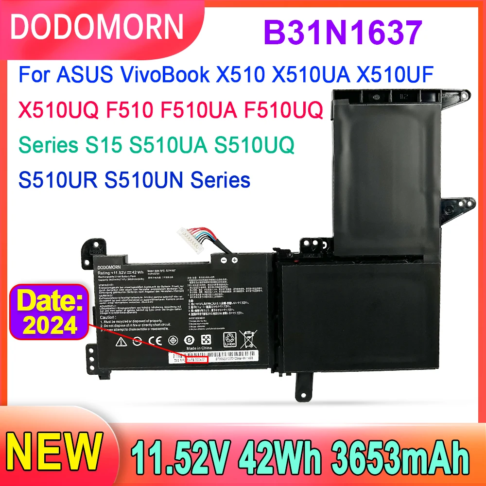 Bateria do Portátil Dodomorn para Asus B31n1637 X510 X510ua X510uf X510uq Vivobook S15 S510ua S510uq S510un S510ur F510uq 42wh