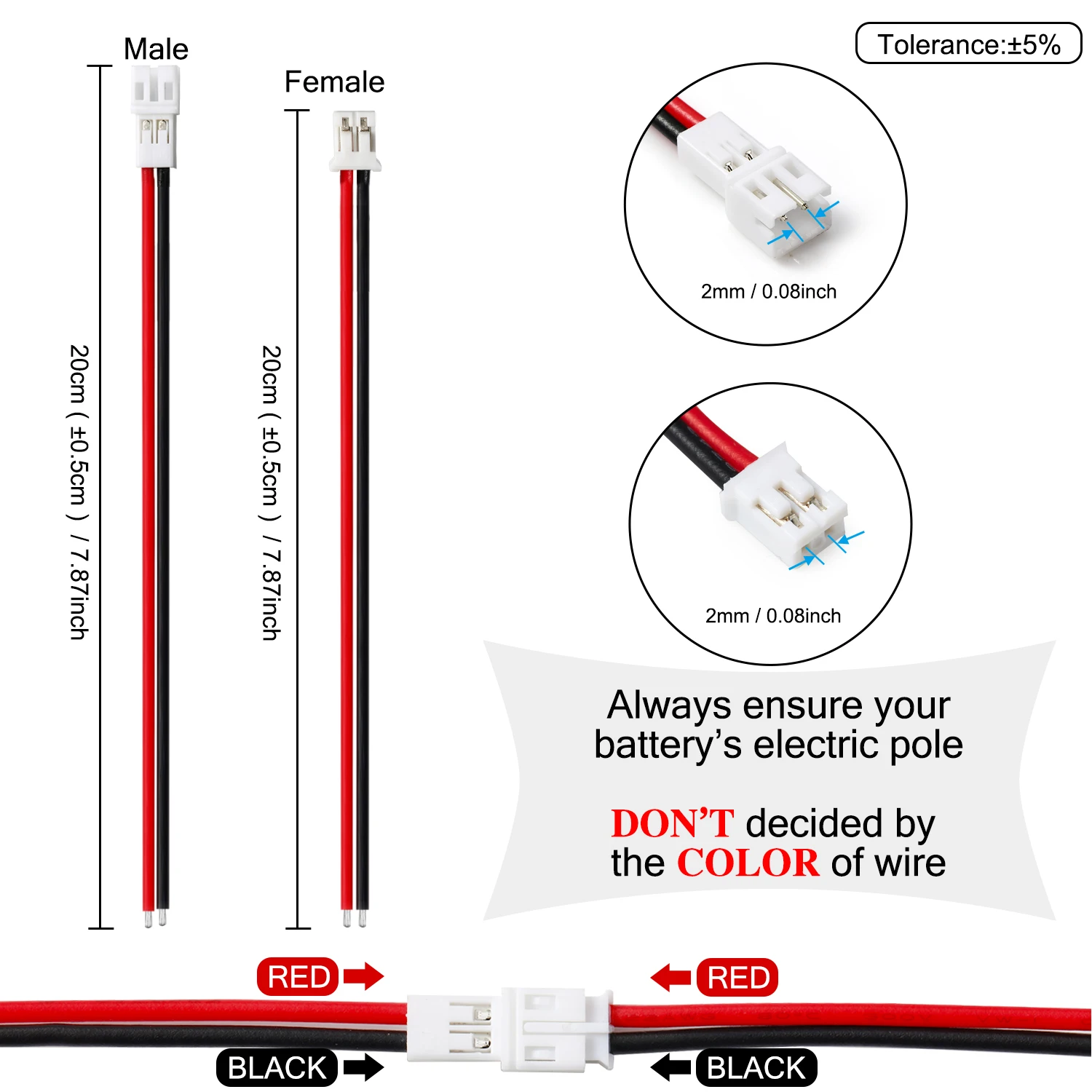 Câble de connecteur 22awg PH 2mm pour JST PH2.0 2.0mm, adaptateur 2 broches JST-PH 2 broches Micro batterie mâle femelle, prise de connexion, Extension RC – Image 2