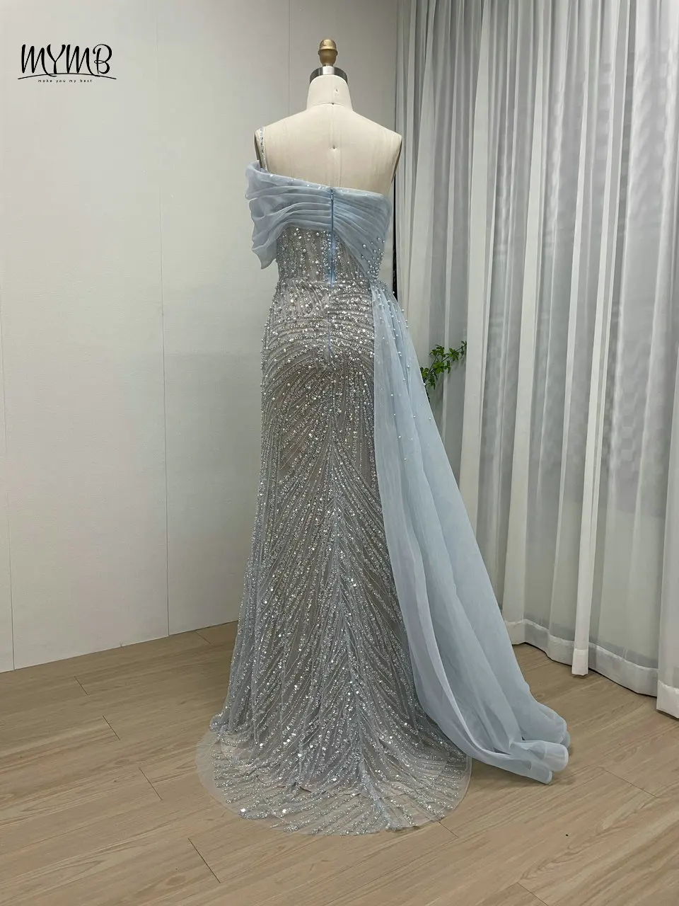 MYMB Blaue Luxus-Meerjungfrau-Abendkleider mit hohem Schlitz und Perlen für Damen, Party, exklusive Dubai, schulterfreie Slip-Kleider für Hochzeitsgäste – Detail 11