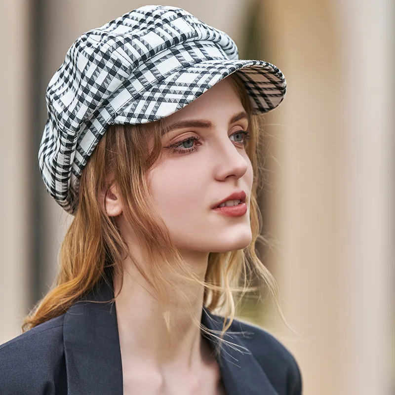 

Houndstooth Luxury Beret Hats For Women Plaid Octagonal Hat Autumn Sun Visor British Vintage Baseball Cap Fashion Girls Berets