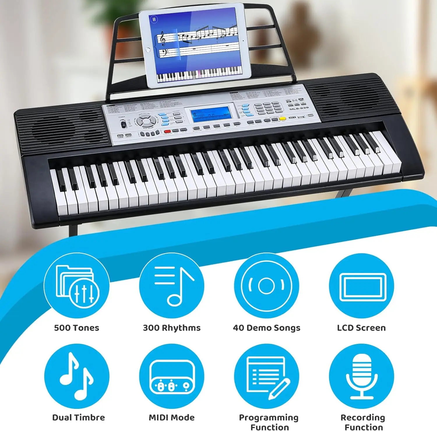 61 Key Keyboard Piano Digital Piano Keyboard Set for Kids with Microphone Dual Power Supply Built-in Dual Speakers LCD Screen
