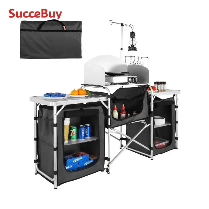 Folding Outdoor Kitchen Table with Storage and Windshield