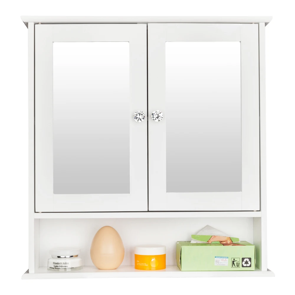 Double Door Mirror Indoor Bathroom Wall Mounted Cabinet Shelf White 2