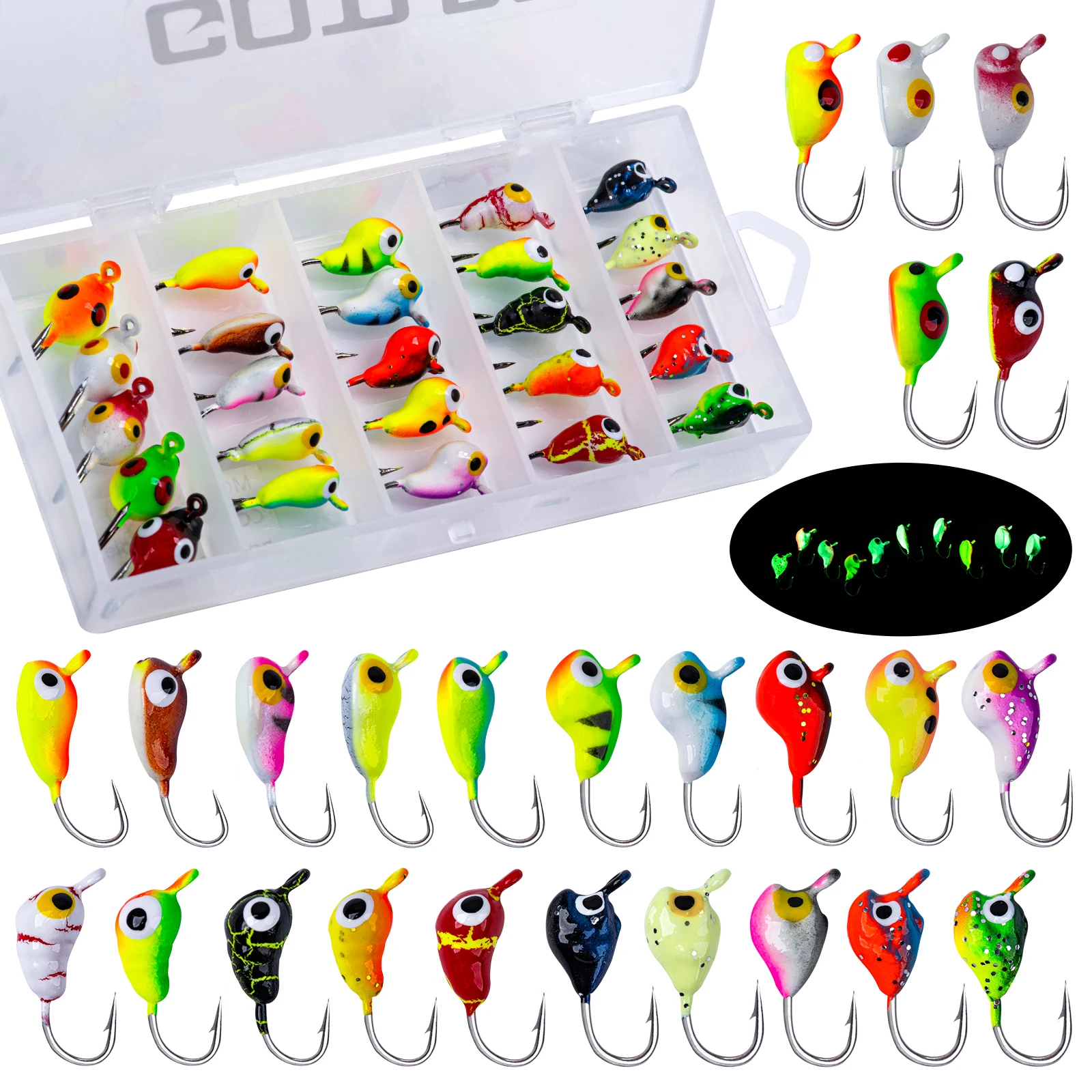 

Goture 25pcs/set Winter Ice Fishing Lure Jigs for Bass Perch Crappie 1.5g-2.5g Artificial Hard Jig Head Hooks Fishing Tackle