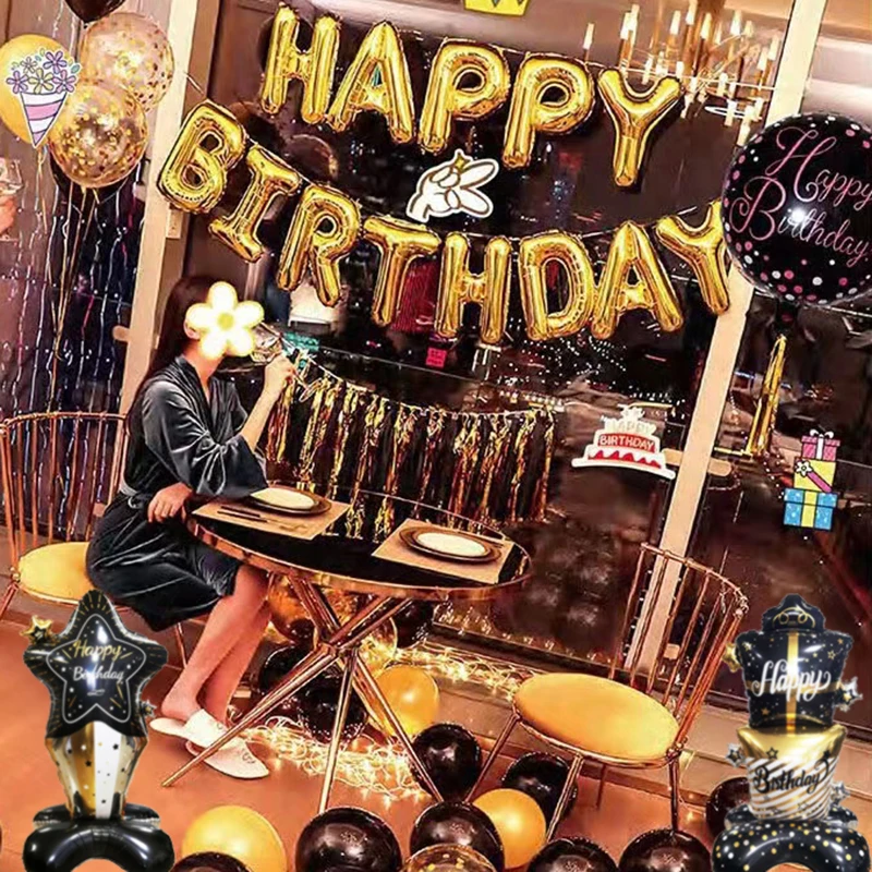 생일 축하 호일 풍선, 골드 블랙 스탠딩 풍선 선물 상자 모양 풍선, 생일 파티 장식 용품, 1 개