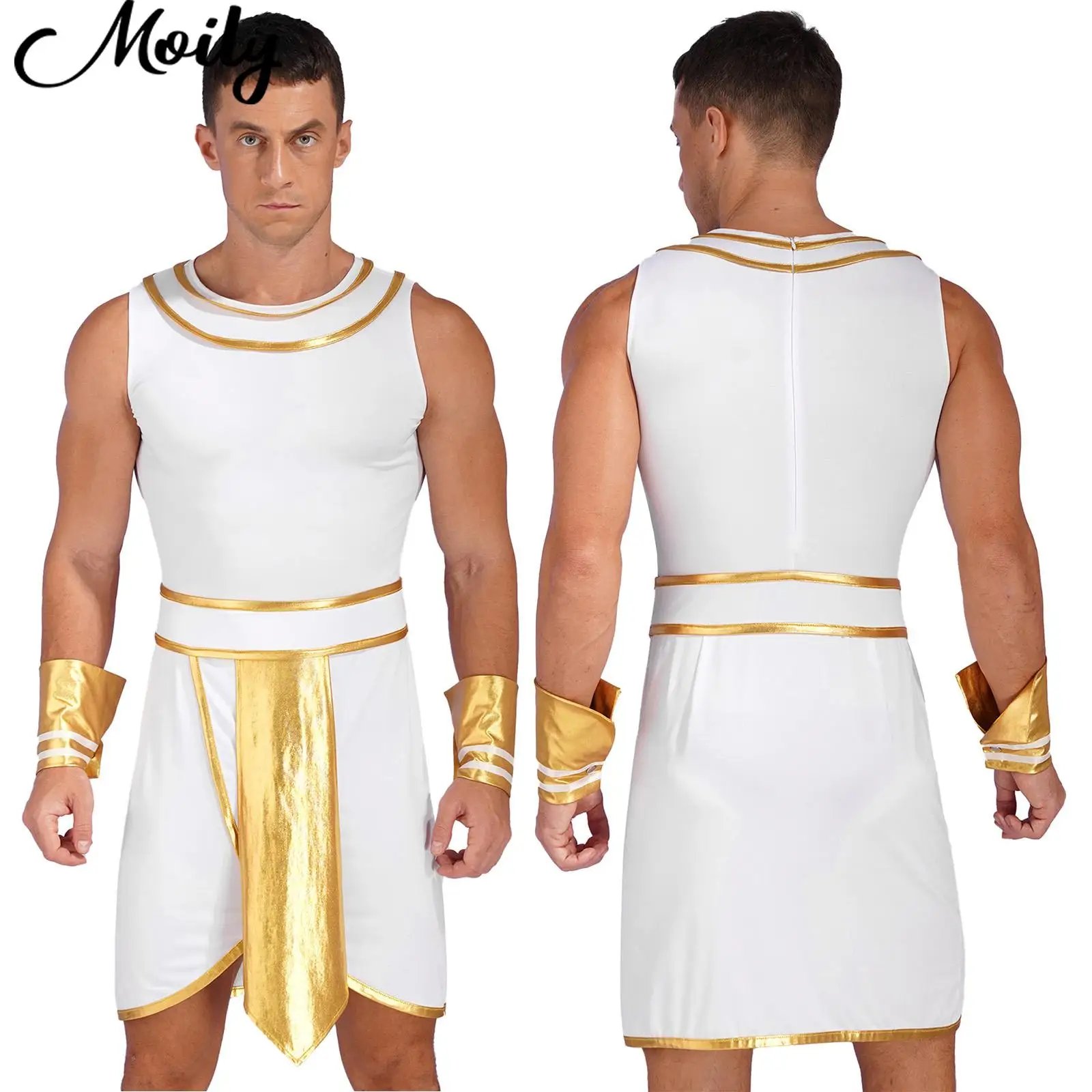 

Mens Ancient Egypt Role-Playing Outfit Adult Halloween Masquerade Party Costume Contrast Color Sleeveless Dress with Cuffs