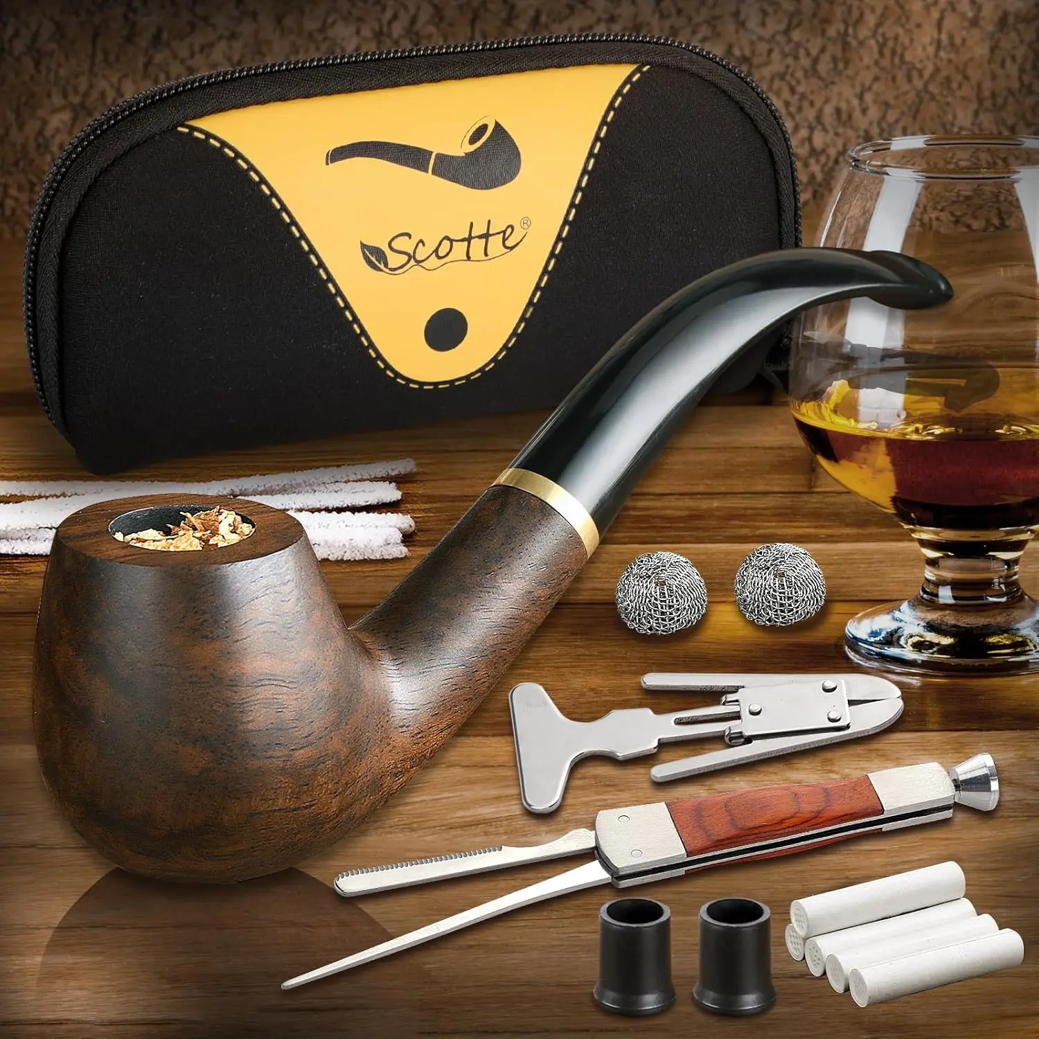 Tobacco Pipe Handmade Ebony Wood Root Smoking Pipe Gift Box and Accessories