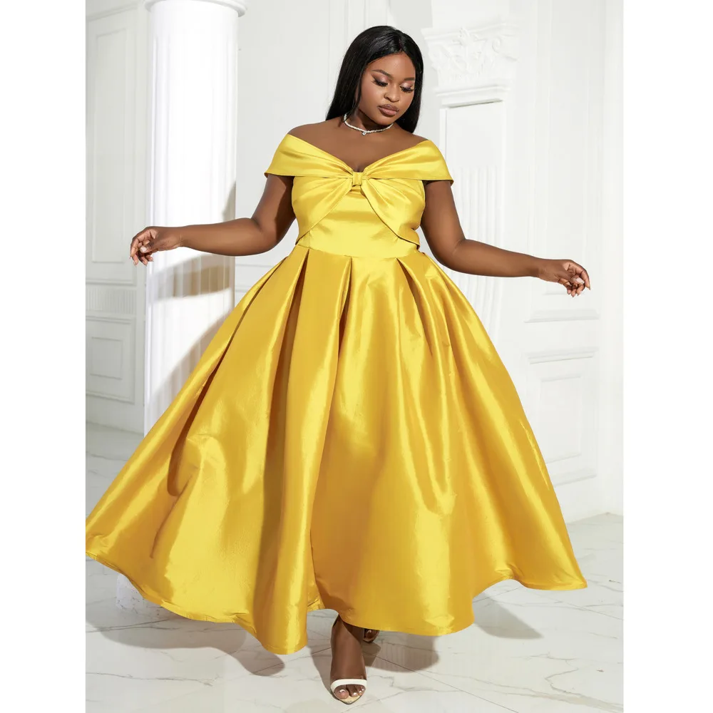 Elegant Women Formal Dress Yellow Backless Sexy Off Shoulder A Line Swing Long Robe Ladies Evening Party Plus Size Maxi Dresses