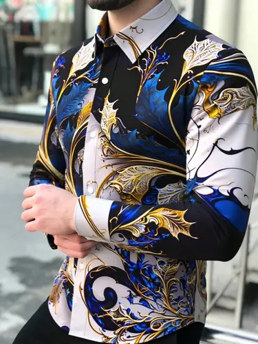 Men's Long Sleeved Floral Shirt Outdoor Fashionable Luxury Social Business Lapel Single Breasted Top - Image 10